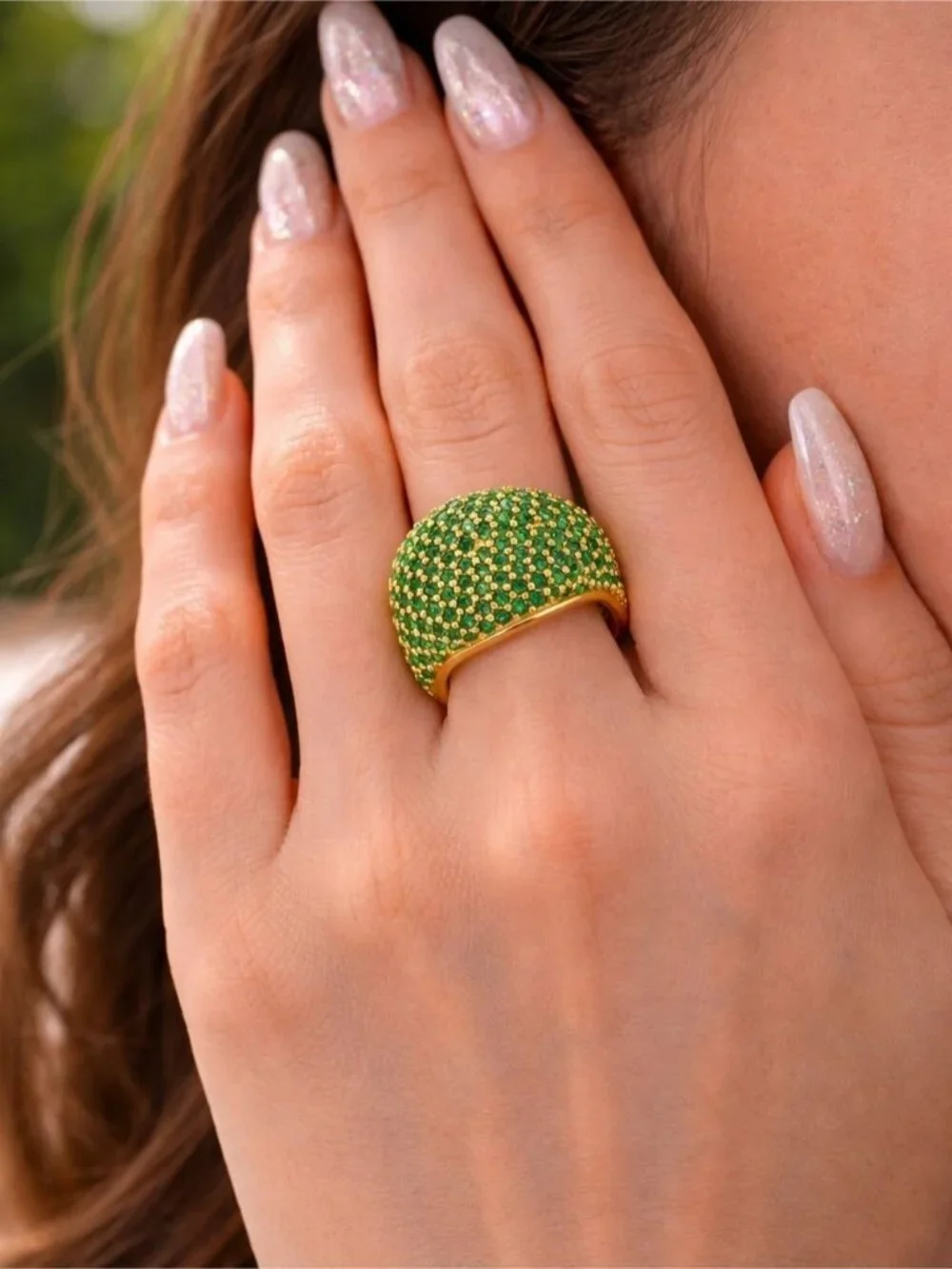 Gold Dome Ring with Emerald Green Pavé